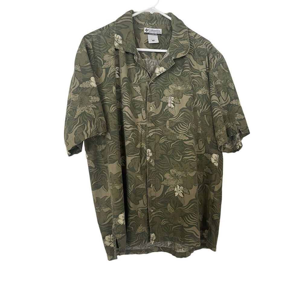 Columbia Mens Green Floral Collared Short Sleeve Button Up Shirt Size Large